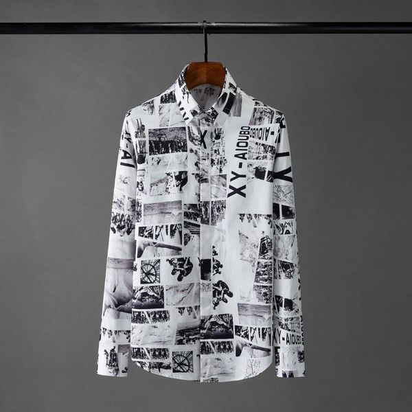 

men's casual shirts minglu mens long sleeve all printed party dress plus size 4xl fashion slim fit man, White;black