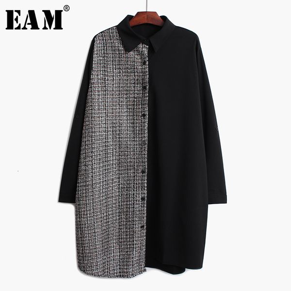 

eam] women tweed plaid bandage big size shirt dress new lapel long sleeve loose fit fashion tide spring autumn 2019 1h773, Black;gray