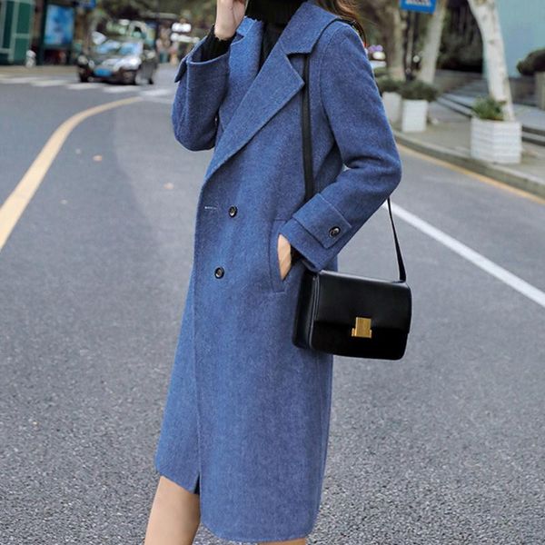 

daily lapel single breasted autumn fashion women coat artificial wool outwear winter solid color elegant casual long sleeve, Black