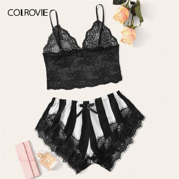 COLROVIE Schwarz-weißes Blumen-Spitzen-Bustier und gestreifte Shorts Damen-Pyjama-Set 2019 Sommer-Nachthemden Damen Sexy Nachtwäsche