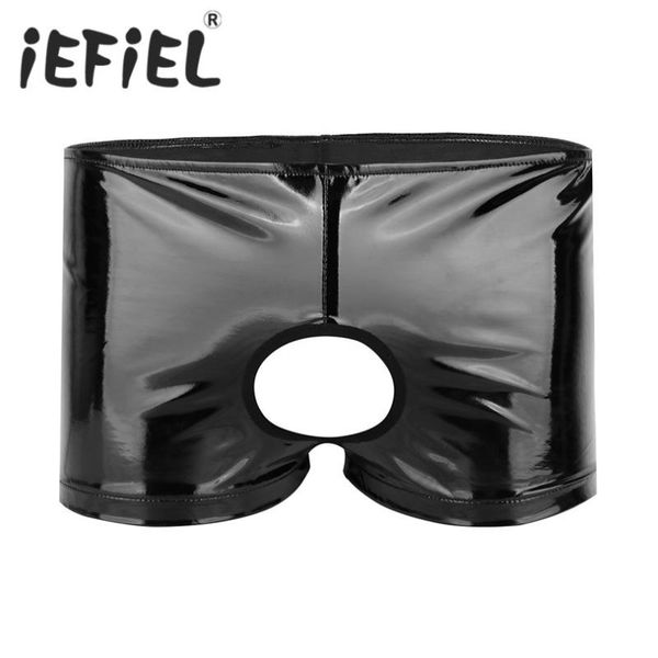 

underpants mens lingerie soft shiny patent leather open bulow-rise shorts underwear with front hole for night, Black;white