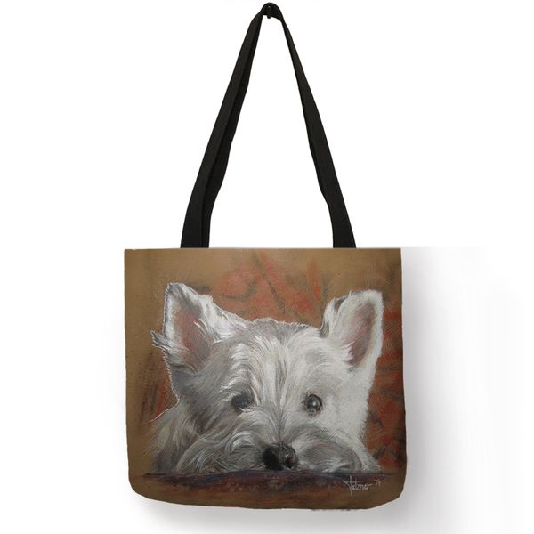 

unique design westie dog painting handbag for women shopping travel bags large capacity eco linen tote bag