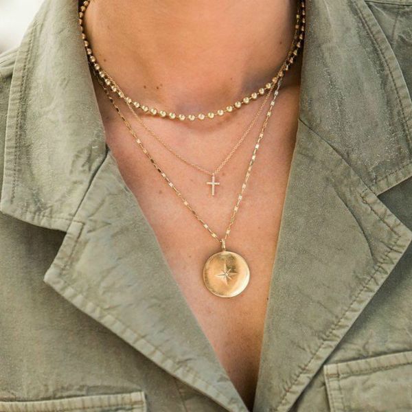 

new fashion personality multi-layer round bead necklace son female star pendant necklaces layered crystal cross necklace, Silver