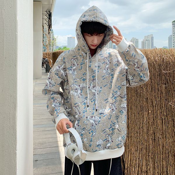 

2019 winter new men's korean version loose student leisure harajuku color hooded digital print pullover, Black