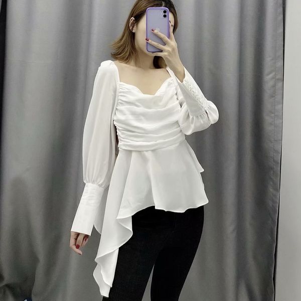 

личность женщина рубашка блузка весна 2020 новая мода с длинным рукавом асимметричной белого шифона блуза, White