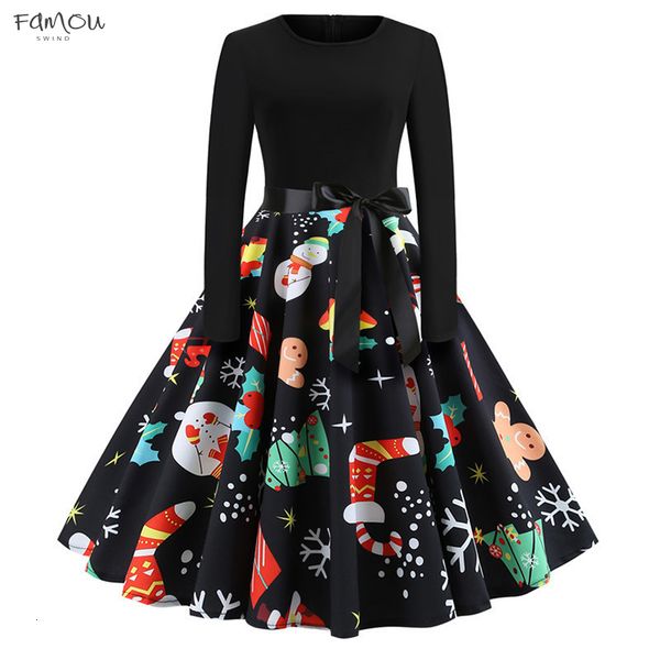 

Winter Women Clothing Dress 60S Vintage Christmas Santa Claus Star Snow Ball Print 50S Party Long Sleeve Midi Dresses Designer Clothes