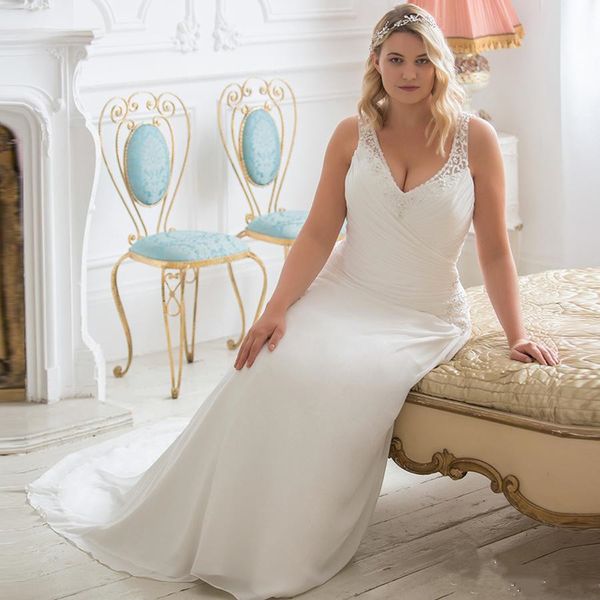 

new arrival chiffon v-neck plus size wedding dress beading sleeveless beach wedding gowns robe de mariage custom made, White