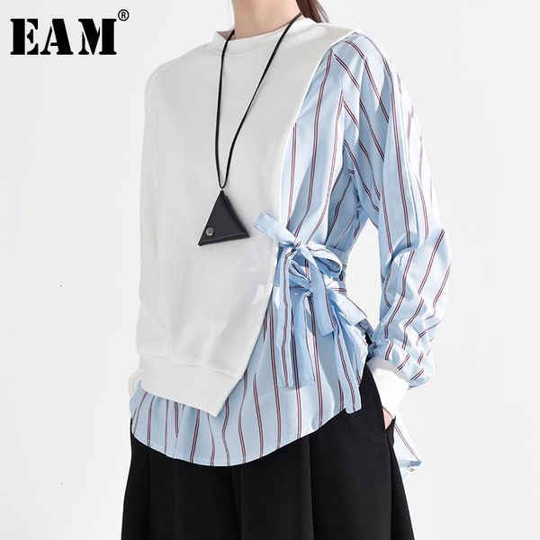 

eam] сыпучие fit голубой полосатой split бинты толстовка новый раунд шеи длинным рукавом женщины большой размер мода tide весна 2020 1b7630, Black