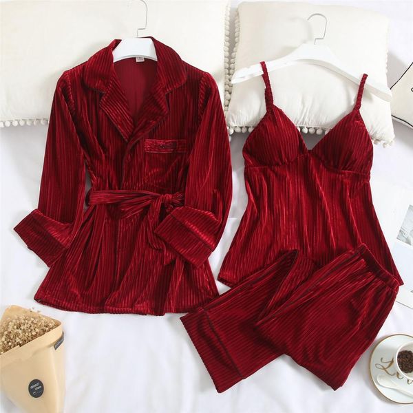

autumn winter is new the home suit of 3 pieces of lady's pajamas velvet lapel velvet can wear outside, Black;red