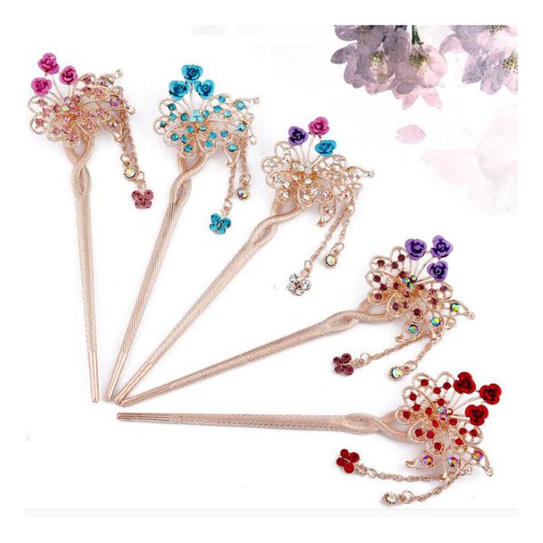 

2019 new retro fashion women's elegant butterfly hair stick headdress tassel multicolored hairpin fashion fresh hair clip, Golden;white