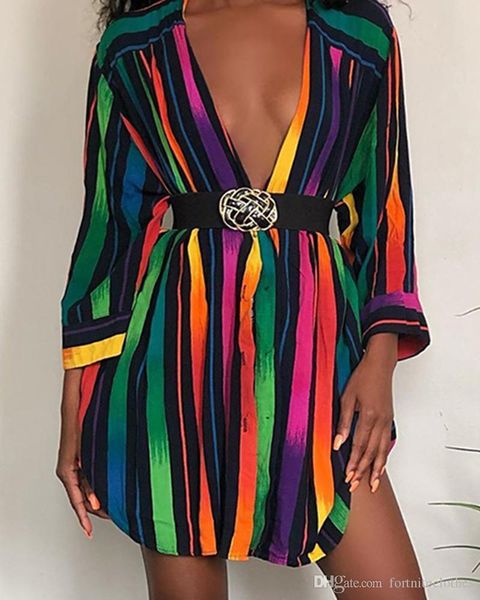 

womens designer shirt dresses fashion rainbow colors striped printed summer dress long sleeve womens casual dress, Black;gray