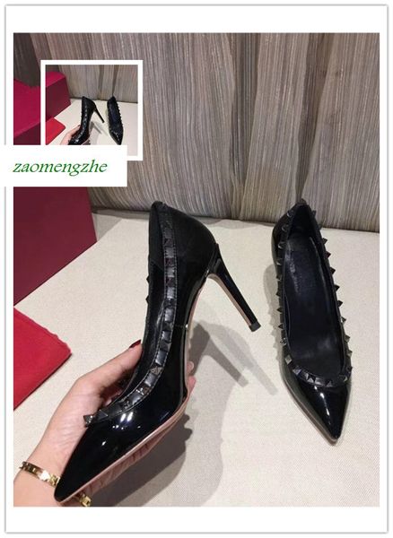 

luxury patent leather women pointed toe studs pumps rivet stiletto high-heeled shoes 8.5cm, Black