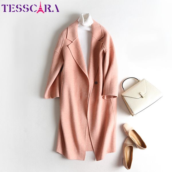 

tesscara women autumn winter elegant cashmere jacket coat female 100% wool blend basic jackets casual designer outerwear & coats, Black