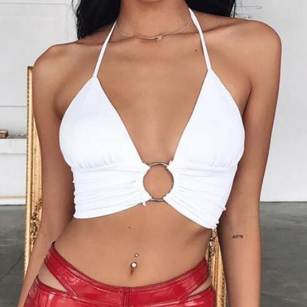 

women girls summer bra halter fashion solid color leopard printed sleeveless crop lingerie metal ring design bikinis, Red;black
