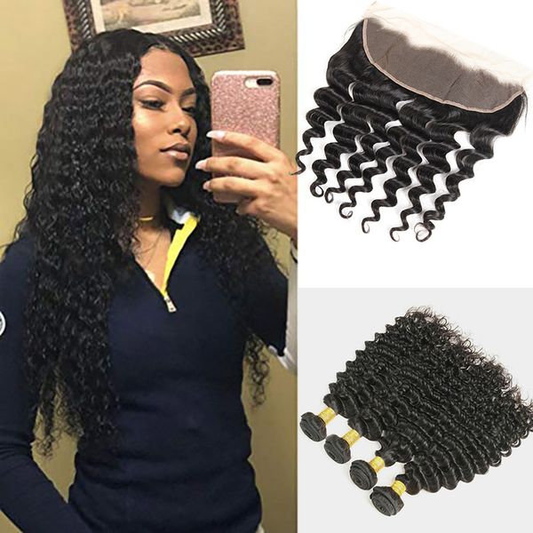 

indian 100% human hair bundles with 13x4 lace frontal 8-30inch deep wave ear to ears part lace frontals hair extensions, Black;brown