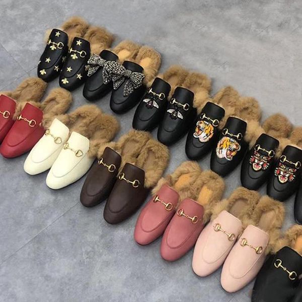 

classic male flat bottom metal buckle hair slippers embroidered half slippers with authentic soft cowhide designer woman warm wool slippers, Black