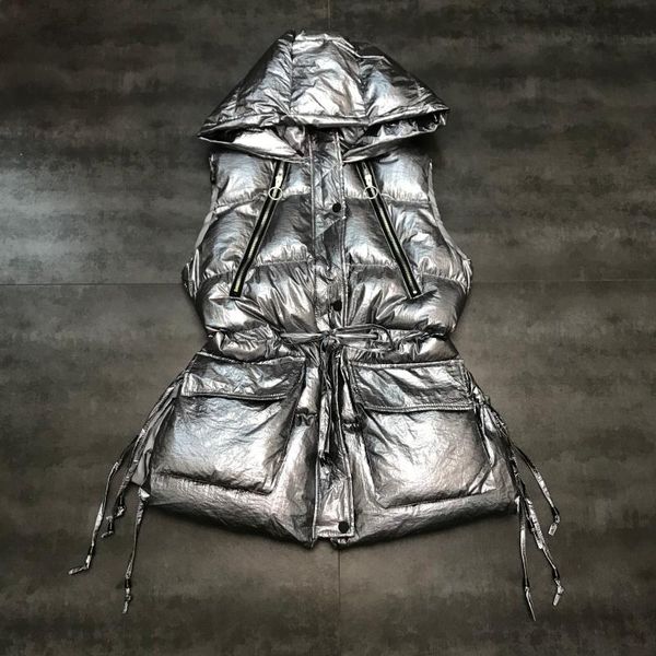 

2019 new autumn and winter bright color large pocket zipper cotton padded waistcoat vest clip with hood women sleeveless parkas, Black;white