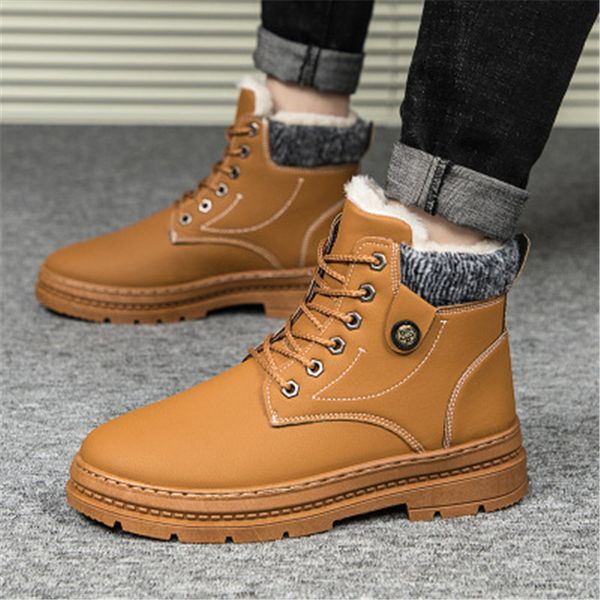 

men ankle snow boots autumn winter new with fur plush warm leather shoes motorcycle vintage classic male casual booties black