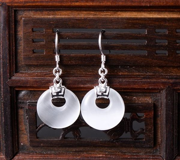 

real s925 silver dangle earrings for women white and black cat's eye quartz new earrings drop, Golden;silver