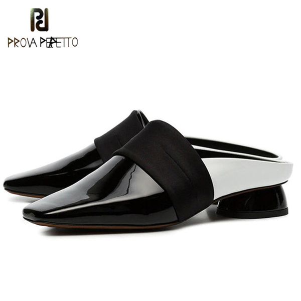 

prova perfetto 2019 patent leather slippers woman square toe footwear fashion female slides shoes mules heels shoes women summer, Black
