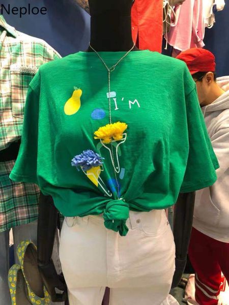 

neploe letters printed t shirts 3d flower korean o-neck t-shirt 2019 summer short sleeve women shirts tee 52938, White
