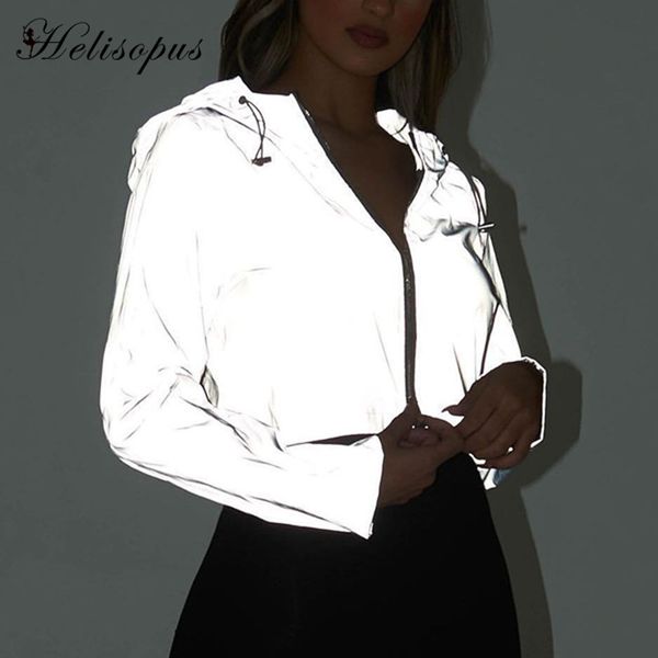 

helisopus autumn hoodies sport jacket casual cropped zipper flash reflective pullover feminino long sleeve hooded sweatshirt, Black