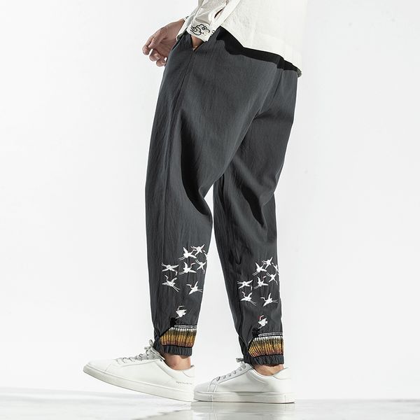 

mrdonoo chinese style crane embroidery vintage harem pants sports joggers pant casual loose large size trousers men v200411, Black