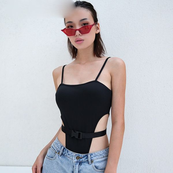 

high waist bodycon women bodysuit black spaghetti strap bodysuit with plastic buckle short rompers jumpsuit club, Black;white