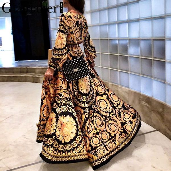 

Glamaker Vintage split sexy boho dress Women summer elegant print maxi dress long sleeve paisley 2019 long robe party club dress