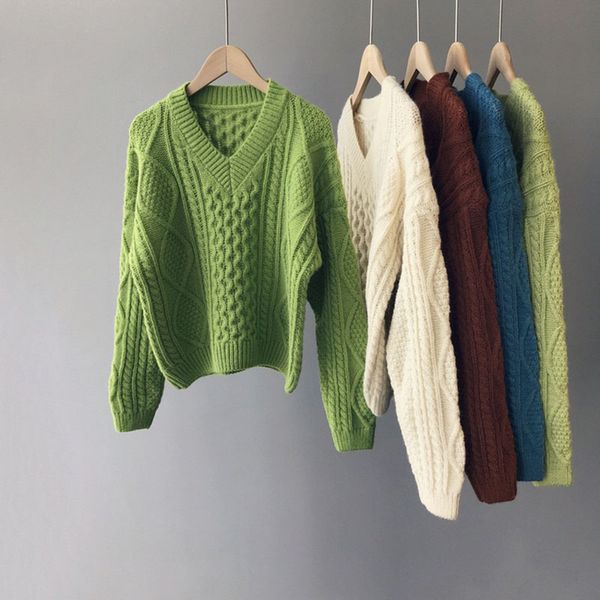 

winter new 2019 women sweet knitted sweater v neck thickening warm long knitting slim jumper feminine yellow grey solid sweater, White;black