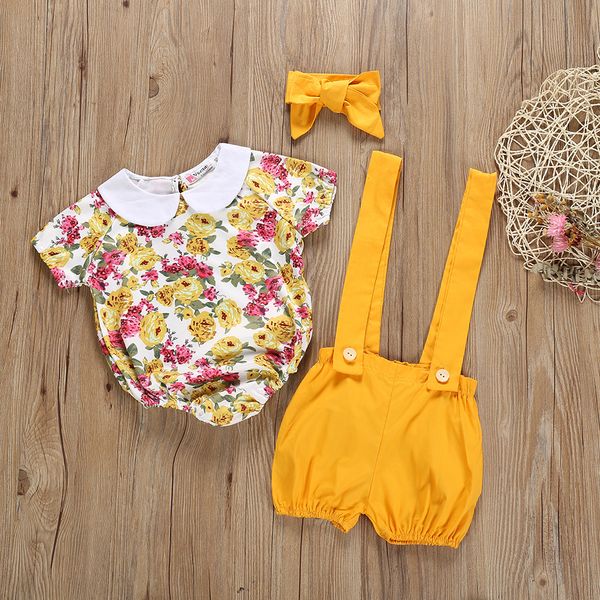 

мода baby girl цветочные комплекты одежды лето три части ползунки + желтый ремень шорты + оголовье дети baby girls наряды 0-3y a4023, White
