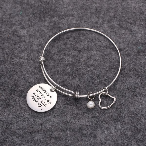 

2020 fashion women adjustable bangles engraved love heart pearl charm bracelet stainless steel bangle mujer pulseras gift, White