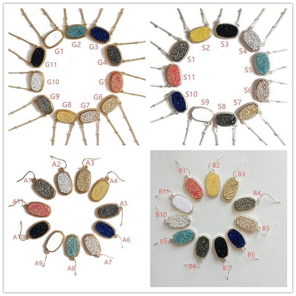 

мода кендра друзи drusy ожерелье серьги посеребренные позолоченные 11 цветов искусственного природного камня скотт ожерелья серьги для женщи, Silver