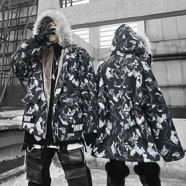 

2019 winter thicken hooded jacket coat fur collar hip hop warm couple leaves camouflage versatile men windbreaker brand design, Black