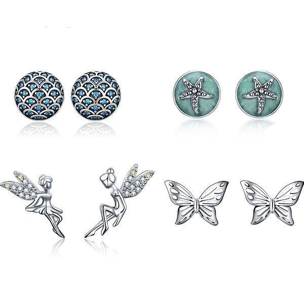 

new collection 925 sterling silver butterfly star round exquisite stud earrings for women girls fashion style jewelry sce452, Golden;silver