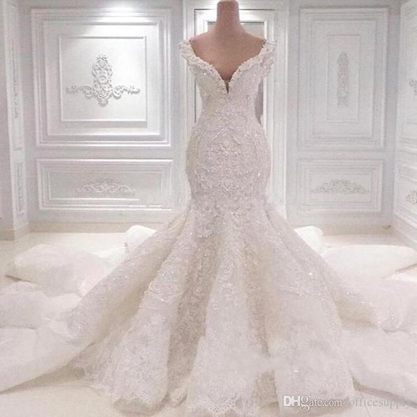 

new amazing luxurious mermaid wedding dresses scoop neck full lace appliqued crystal long cathedral train wedding bridal gowns custom made, White