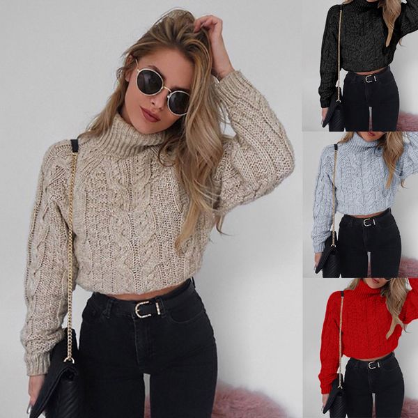 

women winter high collar umbilical twist casual knitted pullover short long sleeve sweater 2019 new, White;black