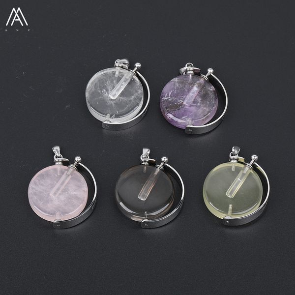 

faceted round silver color natural purple quartz white quartz stainless steel turned perfume bottle pendant necklace sa-29amce