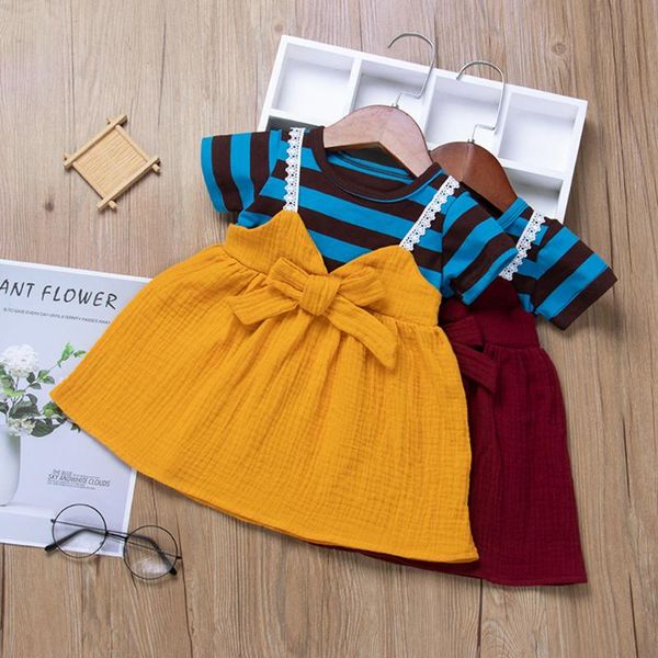 

princess baby girl short sleeve dress party birthday baptism dress patchwork striped infantil vestido newborn summer clothing, Red;yellow
