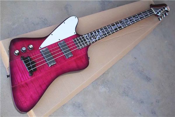 

4 strings left handed purple electric bass with white pickguard,flame maple veneer,rosewood fingerboard,offering customized services