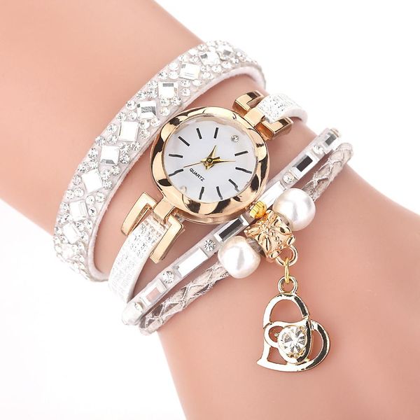 

sell women watch leather heart-shaped bead bracelet watch ladies quartz clock wristwatch mujer#w, Slivery;brown