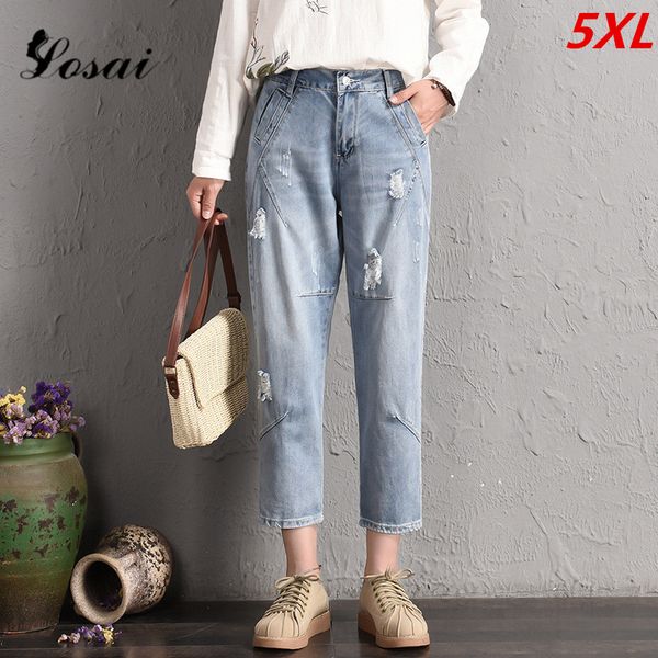

plus size 5xl autumn jeans women jeans vintage high waist denim women spring denim pants boyfriend high elastic mom femme, Blue