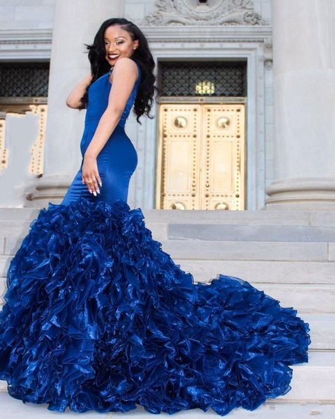 

custom made royal blue prom dresses evening gowns deep v neck sleeveless mermaid ruffles organza skirt formal party dresses, Black
