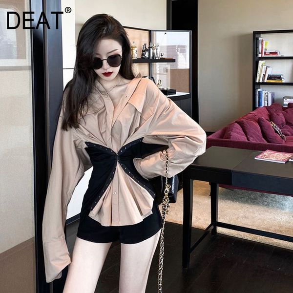 

deat] women belt spliced solid color blouse new lapel long sleeve loose fit shirt fashion tide spring autumn 2020 13f018, White