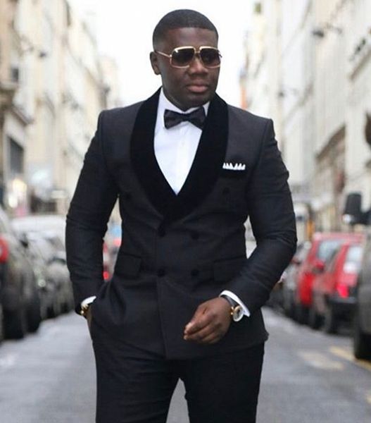

dark grey groom tuxedos double-breasted men wedding tuxedos shawl lapel jacket blazer popular men dinner/darty suit(jacket+pants+tie) 1193, Black;gray