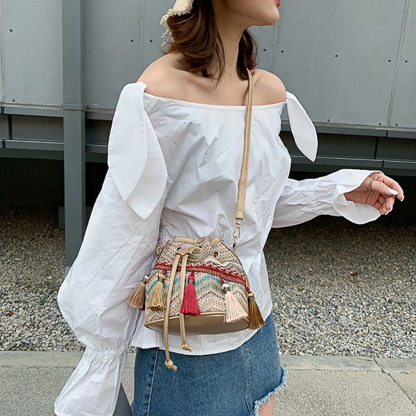 

женщины drawstring crossbody сумка богемия стиль ведро сумки кисточкой переплетения плеча сумки bolsa feminina сумки #p