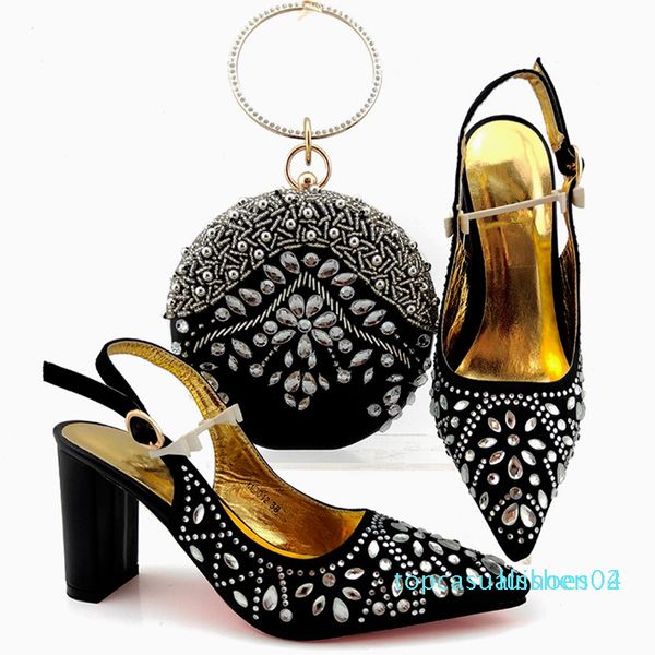 

sale gold women pumps with nice crystal style african dress shoes match handbag set md012,heel 9cm t04, Black
