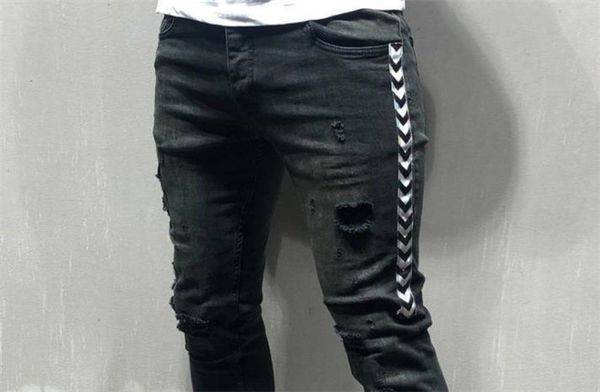 

skinny long designer mens jeans fashion hole ribbon panelled slim pencil pants street hip-hop mens trousers, Blue