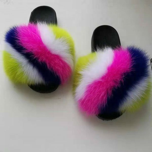 

children's/women summer fluffy slippers woman's/kids real fox fur slides beach furry sandals cute plush flip flops foot 19-27cm, Black