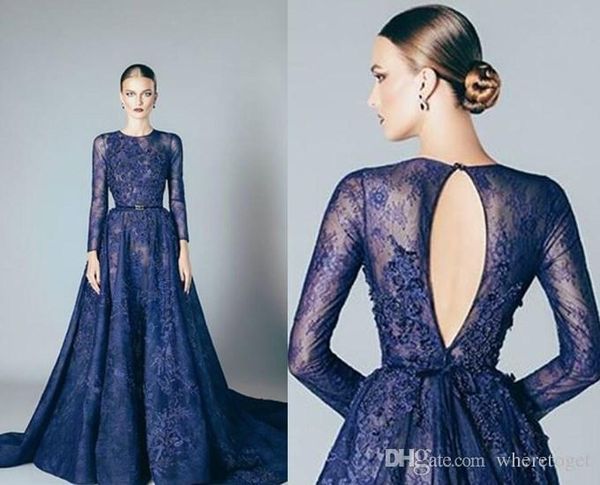 

navy blue elie saab evening dresses lace formal prom dresses gowns with a line lace applique beads crew neck long sleeves 2019, Black;red